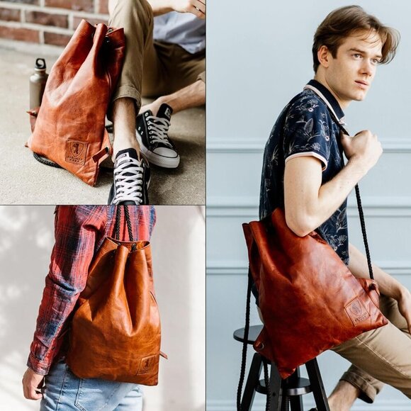 Women\'s Brown Vintage Genuine Leather Gym Bag Drawstring Imported Backpack main image 9